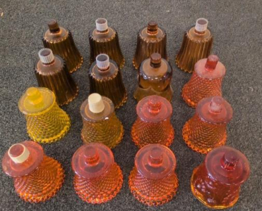 Amber & Orange Vintage Glass Bell Lamp Shades, Hobnail & Floral Patterns, Chandelier Set of 16