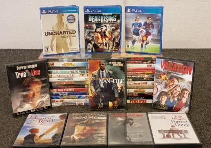 Variety of DVD Movies (Forrest Gump, Vacation, Man on Fire, Scarface, Heaven is for Real, The Green Mile), PS4 (Uncharted, Dead Rising, FIFA 16) and much more