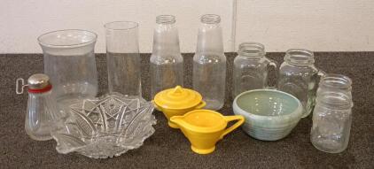 Glass Table Dish, Ceramic Turquoise Bowl, Vintage Ceramic Yellow Sugar And Creamer Dishes, (2) Milk Glasses, (2) Flower Vases, (2) Mason Jar Mugs, (2) Mason Jars