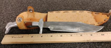 Bowie Knife With 6.5-inch Blade, Aluminum/Wood Handle, Leather Sheath, Mountain Etched Blade