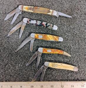 Vintage 1950s-1970s Stockman & Trapper Pocket Knives, 2-3 Blade, Celluloid Handles, Lot of 5
