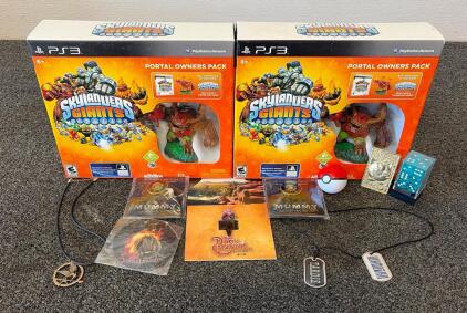 Large Lot: Skylanders Giants PS3 Packs, Collector Pins (The Mummy, Hunger Games), Pok&eacute;mon Card