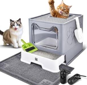 Bolux XL Foldable Enclosed Cat Litter Box, Grey, 20"x16.1"x15", Two-Way Entry, Odor Control, Scoop & Mat