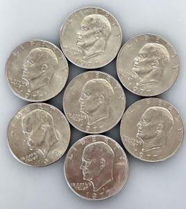 1977 Eisenhower Dollar Coins, Lot of 7, Circulated, Copper-Nickel, 38.1mm, U.S. One Dollar