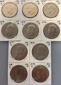 Lot of 10 Eisenhower Dollar Coins, 1972-1978, Mixed Denver/Philadelphia, Copper-Nickel Clad