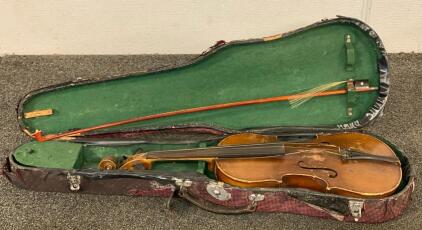 Full Size 1918 4/4 Germany REM By D.W. Saseton Filer Violin with Bow and Vintage Hard Case, Needs Repair
