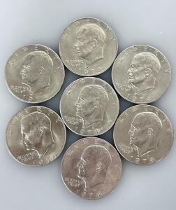 7 Eisenhower Dollar Coins 1974, Circulated, Copper-Nickel Clad, U.S. One Dollar