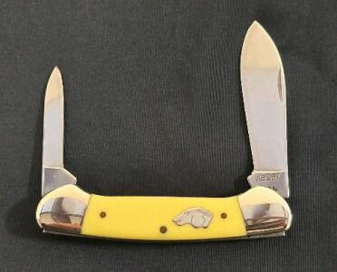 Ka-Bar Dog Head Trapper Pocket Knife, Yellow Delrin Handle, 2 Blades, Made in USA