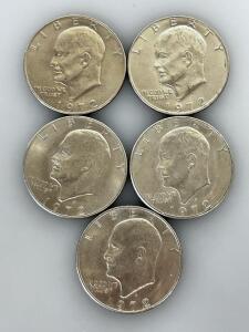 1972 Eisenhower Dollar Coins Lot of 5, Copper-Nickel Clad, U.S. Mint, Circulated