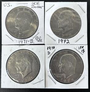 Eisenhower Dollar Lot - 1971-D, 1972, 1974, 1978-D - $1 US Coins, Copper-Nickel Clad