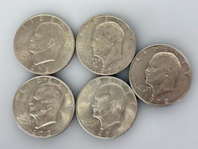 1972 Eisenhower Dollar Coin Lot of 5, Copper-Nickel, Circulated, US $1 Coins