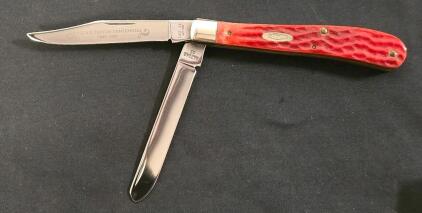 Case XX Centennial R62048 SS Slimline Trapper Knife, Red Jigged Bone, 1889-1989, USA, 2-Blade