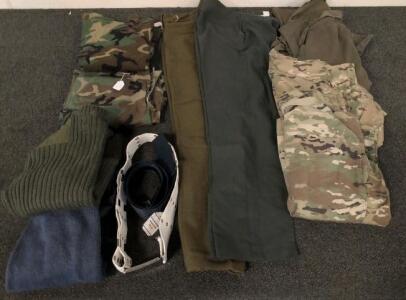 Military Surplus Clothing Lot&mdash;Woodland BDU, Multicam, Sweaters, New Zealand Army Belt, Trousers