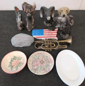 Brass Cornet, Wildlife & Police Statues, Oval Platters, Holiday Plates, US Patriotic Decor Lot