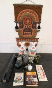 Vintage Home Decor Lot: Glassware, Teapot, Wall Hanging, Cookbooks, Lowe Crib-Derby Board Game