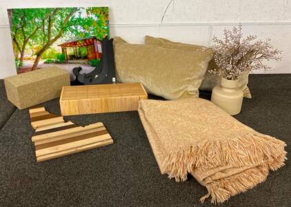 Neutral Modern Home Decor Lot: Idaho State Wood Board, Canvas Art, Blanket, Pillows, Vase, Box, Brackets