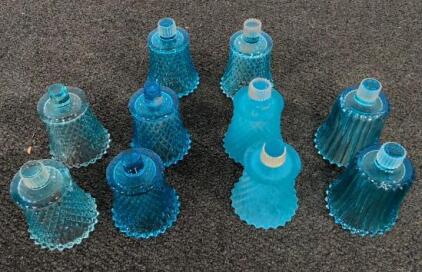 Vintage Blue Glass Lamp Shade Set - 8 Hobnail & Ribbed 2-1/4" Fitter, 4.5" Bell Shades