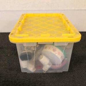 Mixed Collectibles Lot in 27qt Storage Tote &ndash; Ceramics, Glassware, Metal Tin, Power Cord