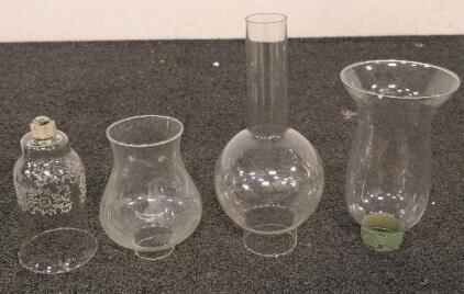 Lot of 4 Glass Lamp Chimney Replacements, 8&ndash;10" Tall, 2&ndash;3" Fitter, Clear & Etched, Mixed Shapes