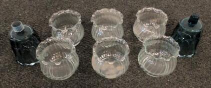 Vintage Glass Lamp Shade Lot&mdash;6 Clear Fluted & 2 Blue Octagonal Shades, 4" Fitter, Chandelier/Sconce