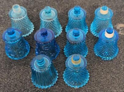 Lot of 10 Antique Blue Glass Lamp Shades - Hobnail, Ribbed & Floral Patterns, 3.5" Height