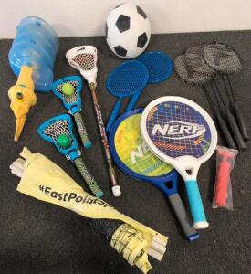 Mixed Sports Set: Badminton, Lacrosse, Paddle, Soccer, NERF/Franklin/EastPoint, Net Included