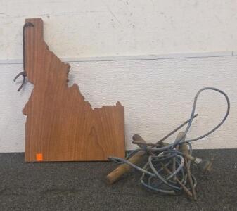 Idaho State Shape Wood Cutting Board with 5 Vintage Electric Branding Irons, Wood Handles
