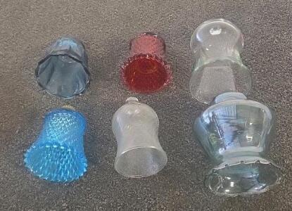 Vintage Mixed Pattern Glass Lamp Shade Set &mdash; 6 pcs, Bell, Hobnail, Ruffled, 4" Fitter, Clear/Blue/Red