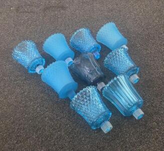 Set of 9 Vintage Blue Glass Lamp Shades, Mixed Hobnail & Ribbed Patterns, Bell Shape, 2-1/4" Fitter