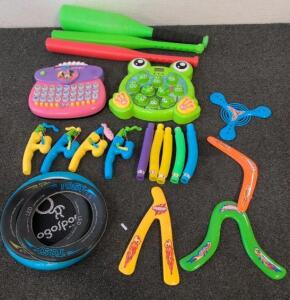 Assorted Kids Toys Boomerangs, LED Frisbee, Sensory Tubes, Bat Set, Fishing Game, Keyboard