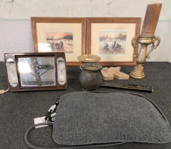 Vintage Lighted Vanity Mirror, Western Art Framed Prints, Brass Candle Holder, Wooden K D&eacute;cor Lot