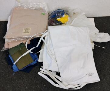 Mixed Lot: Cotton Bag of Rags, Kitchen/Utility Aprons, Misc Linens, White/Beige/Blue Fabrics