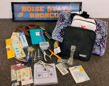 Mixed Lot: Craft Supplies, Boise State Broncos Sign, VR+ Headset, Blanket, WAHL Case, 30+ Items