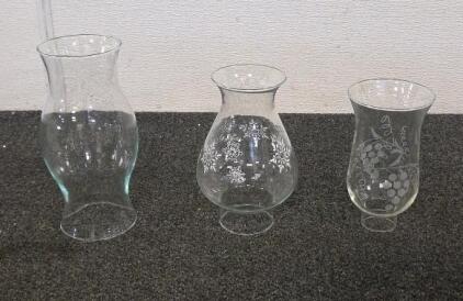 3 Clear Glass Hurricane Lamp Chimney Shades &ndash; 8&ndash;12" Height, Snowflake & Grape Etched Designs