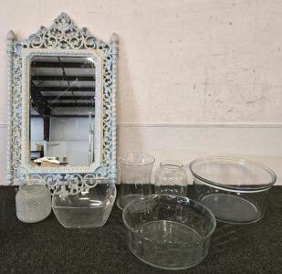 Ornate Baroque-Style Wall Mirror 19"x33" with 6-Piece Clear Glass Vase & Bowl Collection