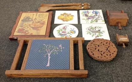 Vintage Kitchen Wall Decor Lot &ndash; Carved Wood Utensils, Tiles, Plaques, Racks & Match Holders