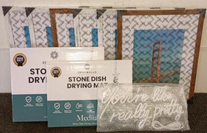 (6) Golden Gate Bridge Framed Prints (16" x 20"), Spotwells Stone Dish Drying Mats (Medium & Large), Neon Wall Sign