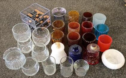 Mixed Lot: 23 Glass Lamp Shades, Votive Holders, Decorative Glass & 48 Duracell AA/AAA Batteries