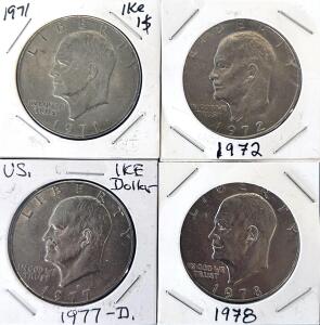 Eisenhower Dollar Set - 1971, 1972, 1977-D, 1978 Ike Dollars - US $1 Coins, Copper-Nickel Clad