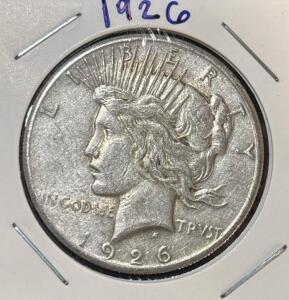 1926 Peace Dollar Silver Coin, Philadelphia Mint, 90% Silver, Anthony de Francisci Design