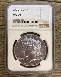 2025 Peace Silver Dollar NGC MS69, .999 Fine Silver, Certified, Serial #8682517-002