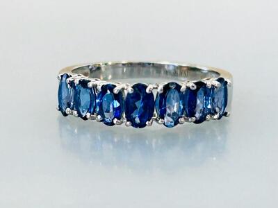 14K White Gold Band with 1.53ctw Oval Tanzanite, 9-Stone Prong Set, Blue Gemstone Ring Size 6.5