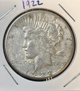 1922 Peace Dollar Silver Coin, Philadelphia Mint, 90% Silver, Anthony de Francisci Design