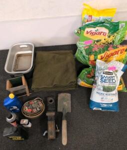 Garden & Utility Lot: 2x Vigoro Soil, Pennington NW Seed, Oils, Tools, Tray, Blanket, Reel