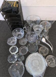 Assorted Vintage Pressed Glass Bowls Plates Goblets Carafe 23+ Piece Set, Clear Pattern Mix