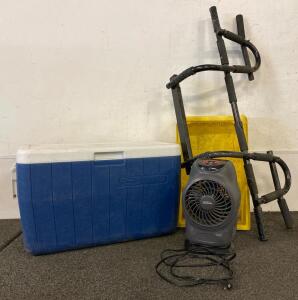 Coleman 48-Quart Hard-Sided Cooler, Drain Plug, Blue/White, Hinged Lid, Side Handles, Pull Up Bar, And Heater