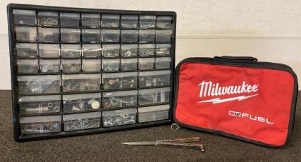 Large Assorted Hardware Fastener Organizer Cabinet with 39 Drawers and Milwaukee M12 Fuel Bag, Milwaukee Tool Bag, And Switch Knife