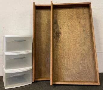 (2) Wooden Under-Bed Drawers, And (3) Plastic Sterilite Drawers