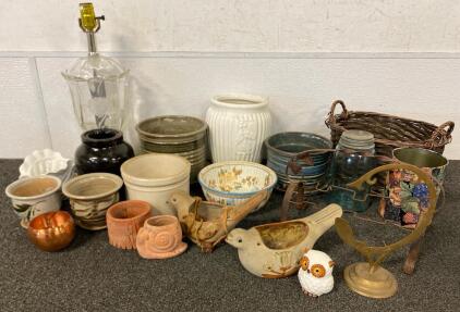 Mixed Vintage Ceramic Planters, Bird Pottery, Etched Glass Lamp, Wicker Basket Lot