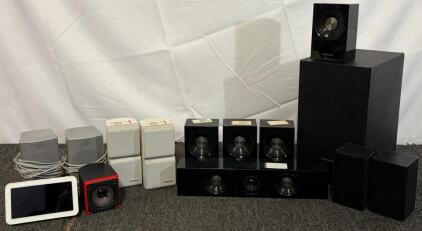 Samsung & Bose Home Theater Speaker System, Subwoofer, 4 Samsung, 2 Bose, 2 Panasonic, Smart Display